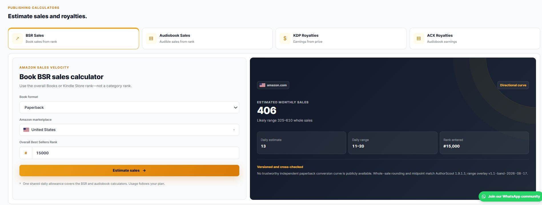AuthorScout BSR sales calculator example